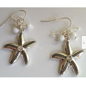 Silver White Starfish Earrings Dangle Sea Life